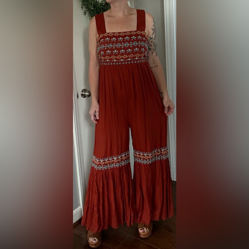 NATURAL LIFE Terracotta Embroidered Wide Leg Jumpsuit